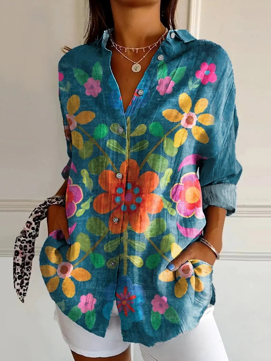 Art Floral™ | Chemise décontractée col V à imprimé bohème