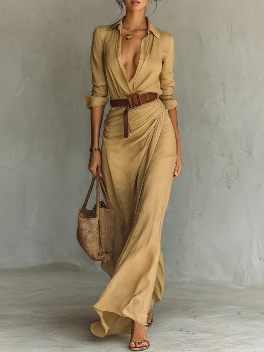 Azura™ | Robe longue ceinturée à manches longues et revers