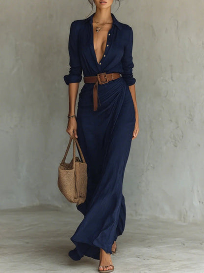 Azura™ | Robe longue ceinturée à manches longues et revers