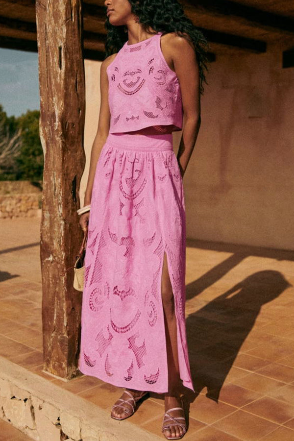Lourena™ | Ensemble Jupe longue en dentelle rose