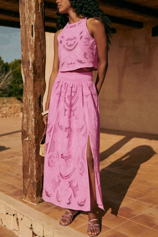 Lourena™ | Ensemble Jupe longue en dentelle rose