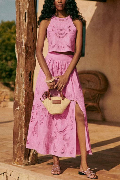 Lourena™ | Ensemble Jupe longue en dentelle rose